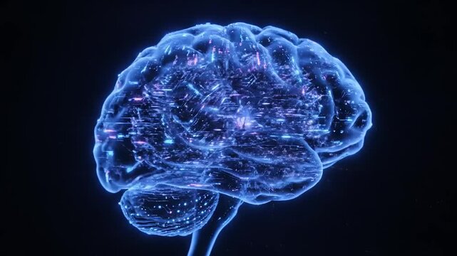 A glowing digital brain illustration with intricate neural network patterns and vibrant blue colors