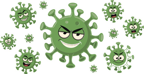 Naklejka premium Funny cartoon virus characters set with expressive faces, green germ mascots illustration for medical, healthcare and microbiology design isolated on white background
