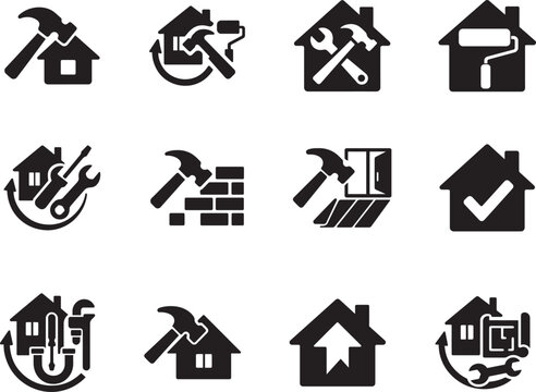   Renovation icon set in multiple styles for home improvement, repair, construction, tools, and remodeling projects.