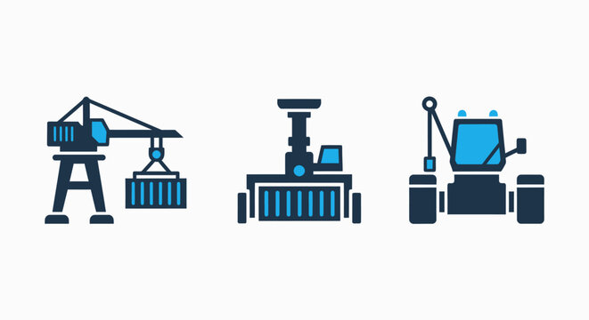 Set of port and logistics icons: container crane, straddle carrier, and forklift for cargo handling.