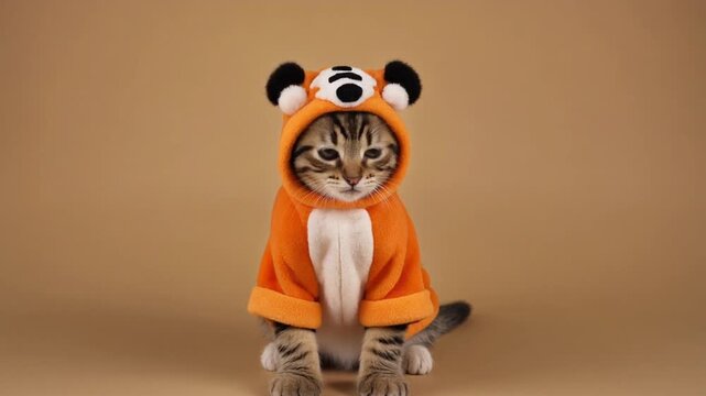 Cute Gray Kitten Wearing Funny Panda Hat Sitting on Studio Backgrounds