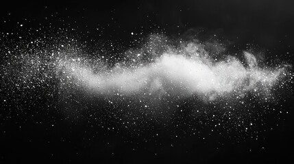 A swirling cloud of white powder against a black background, creating a misty and ethereal effect. The scene captures a sense of movement and fluidity.