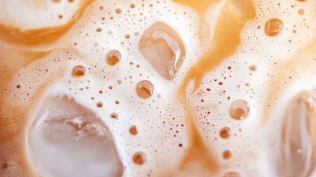 Close-up of iced coffee with ice cubes and creamy foam on top, showing cold beverage texture and bubbles.