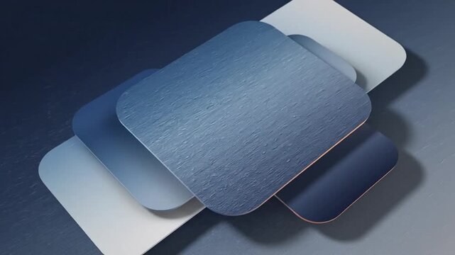 Overlapping rectangular cards with rounded corners in varying shades of blue on a gradient background