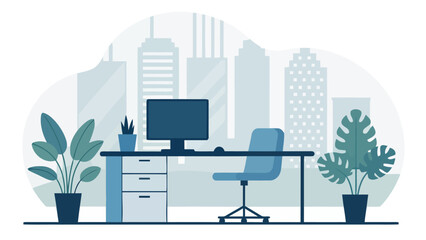 Naklejka premium Modern office workspace with city view and plants
