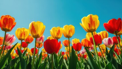 Fototapeta premium Vibrant tulip garden under clear blue sky