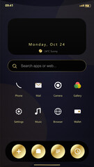 "A sophisticated and luxurious mobile user interface featuring a dark mode aesthetic with deep purple gradients and opulent gold accents. The design communicates high-end technology and exclusivity
