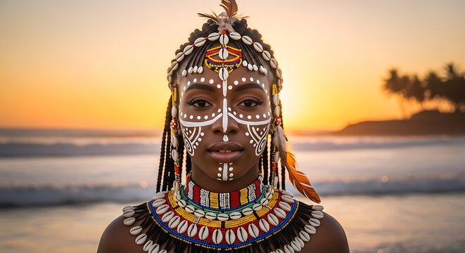 Portrait of a woman with traditional face paint at sunset on a beach.