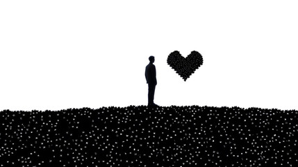 Abstract Silhouette with Heart: A solitary silhouette contemplates a heart symbol amidst an abstract landscape, evoking themes of love, introspection, and solitude.