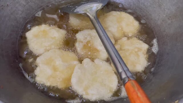 Frying cireng or indonesian traditional deep fried tapioca flour snack