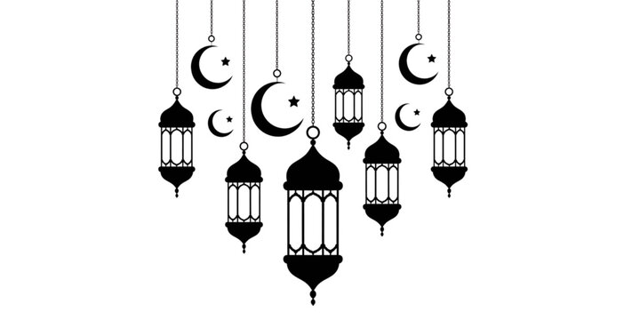 Elegant collection of hanging ramadan lanterns and crescent moons perfect for islamic celebrations and decorative elements in black and white silhouette style Ramdan element