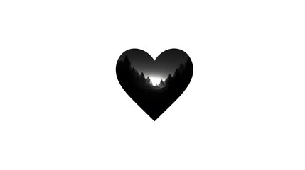 Obraz premium Embracing Nature's Heart: A black heart silhouette containing a serene forest and sunset, symbolizing love for nature's beauty and tranquility.