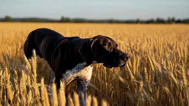 Hunting dog on point in golden harvested field. German shorthaired pointer poised in sunlit crop for game retrieval.