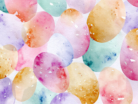 Flat, vibrant Easter egg pattern, soft pastel colors, grey background Top-down view of various sized eggs in gradient shades Abstract watercolor style reminiscent of pastel - AI-Generated