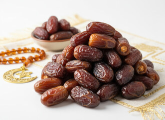 Obraz premium Pile of fresh dates and a small bowl of dates with Islamic prayer beads and crescent moon charm, close-up