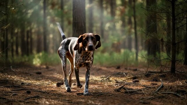 Hunting dog discovering scent, tracking prey, and pointing in a sunny forest, for hunting season and pet training concept