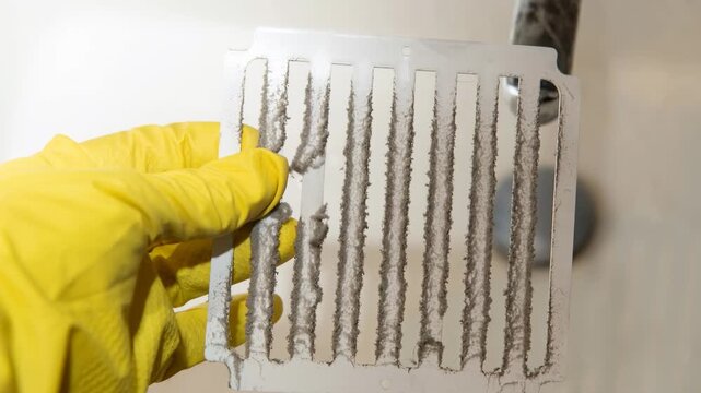 Hand wearing a yellow protective glove unscrewing and removing a very dirty and dusty ventilation grille for cleaning and maintenance