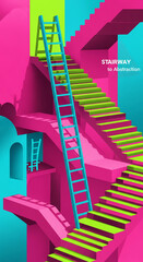 Geometric structure with cyan ladder and green stairs, representing abstract perspective, visual puzzle and impossible architecture, with bright colors
