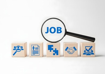 Obraz premium Wooden blocks with job search icons and a magnifying glass focusing on the word job on white