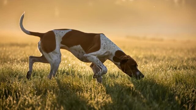 English pointer dog walking slowly across morning field with dew drops for hunting season