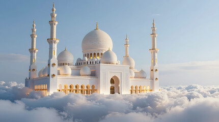 Naklejka premium White grand mosque floating majestically among clouds with golden dome accents under blue twilight sky