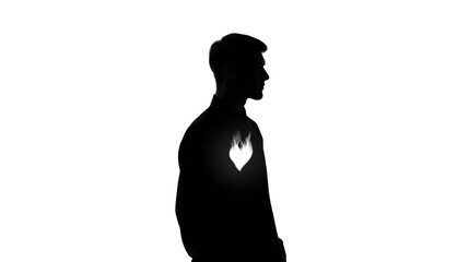 Inner Flame Silhouette: A black silhouette of a person, symbolizing inner strength and resilience, stands with a glowing heart, embodying passion and emotion. 