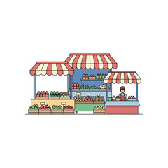 Vibrant market stall with colorful produce and drinks on display under striped awnings, front view illustration. © Anwar