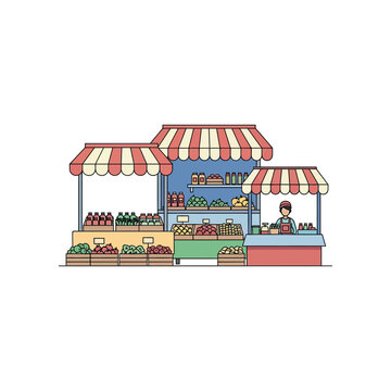 Vibrant market stall with colorful produce and drinks on display under striped awnings, front view illustration.