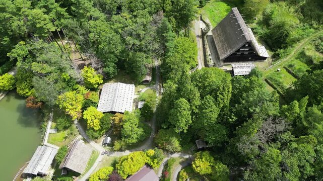 Village folklorique de Hida no Sato au Japon, maisons traditionnelles en bois et toits de chaume dans un paysage rural et montagnard, patrimoine culturel japonais pr&eacute;serv&eacute;