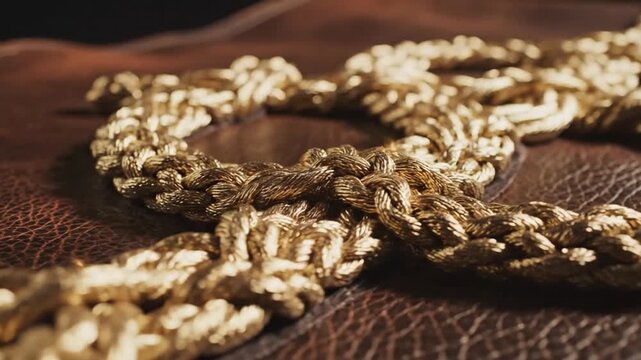 Close-up of a decorative rope knot on a brown leather surface, showcasing intricate details and texture.