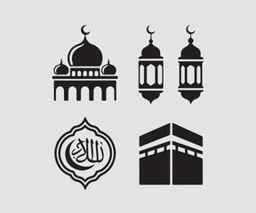 Obraz premium Elegant Islamic architecture symbols and icons in simple black.