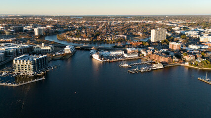 Fototapeta premium Drone photo of Norfolk Virginia showing bay waterfront city and residential areas