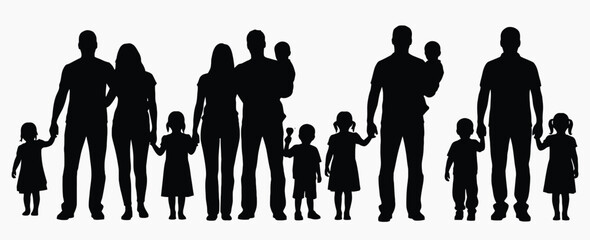 Family Portrait Silhouette: A collection of family silhouettes, representing the diverse composition of kinship and familial bond. Perfect for themes of family, love, and togetherness.