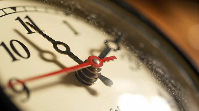 Close-up Macro Shot of a Vintage Clock Face with Moving Hands
