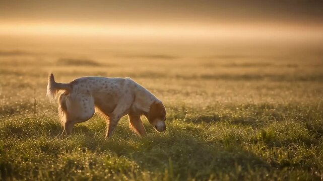 Hunting dog sniffing field grass during misty sunrise, tracking scent on hunting ground for game animal