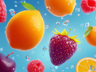 Fototapeta premium 3D cartoon still life of colorful fruits and vegetables in mid-air against a light blue backdrop Includes ripe strawberries, oranges, and an eggplant Bright, even lighting without sha - AI-Generated