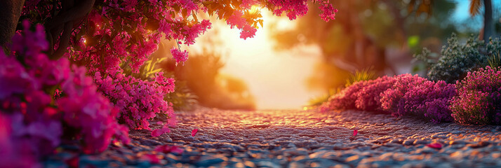 Vibrant pink flowers cascade over cobblestone path, illuminated by soft, ethereal golden light at sunrise or sunset, creating dreamy and inviting garden scene.