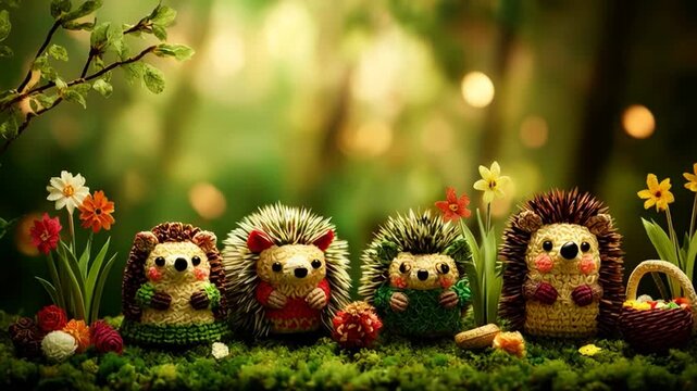 A family of hedgehogs dancing among colorful spring flowers and red and white Easter eggs, in an animated scene perfect for greeting cards, festive events, and joyful Easter celebrations.