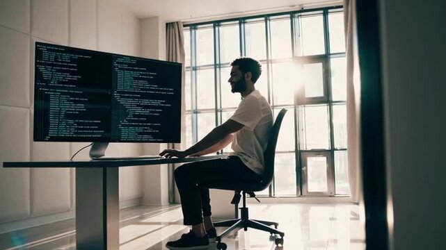 A man is sitting at a desk with a computer monitor in front of him. He is smiling and he is enjoying his work