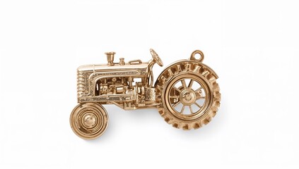 Closeup of delicate vintage tractor brooch with gold finish and retro farm design on white background