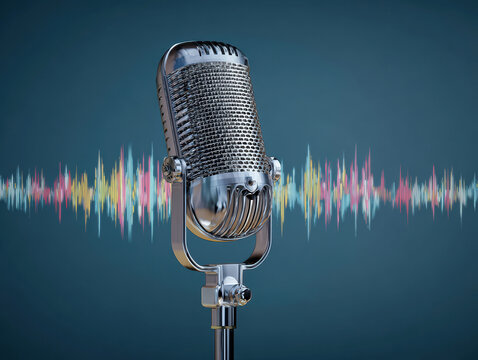 Photo of a professional studio microphone in front of dark blue gradient background, with sound waveforms and audio spectrum visuals Microphone has a classic design, likely with foam c - AI-Generated
