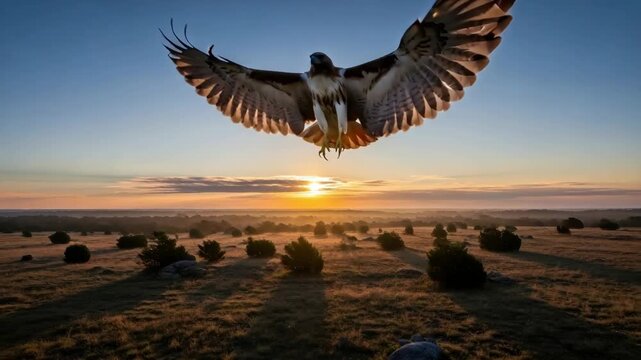 Red-tailed hawk flying above a field during sunrise, hunting prey at dawn in a natural habitat