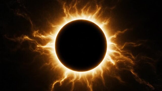 Solar Eclipse with Fiery Corona and Dark Sky.