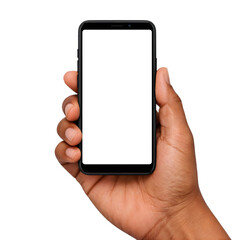 Realistic Medium-Tone Hand Holding Modern Black Smartphone with Blank White Screen Isolated on Transparent Background PNG file for App, UI, and Mockup Design