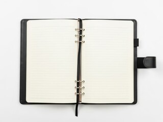 Open leather-bound notebook with visible binding and blank pages