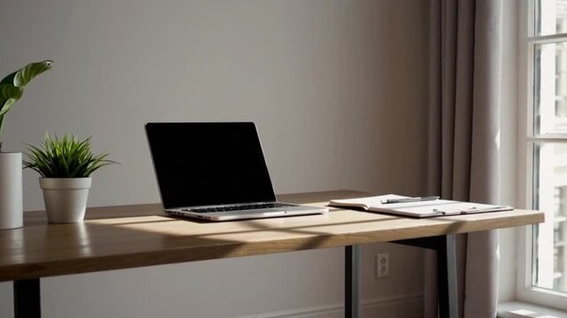 A laptop sits on a wooden desk with a potted plant and a stack of papers. The desk is well-lit and organized, creating a professional and productive atmosphere