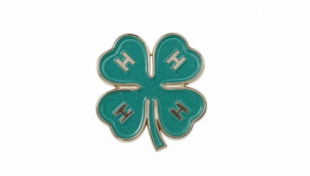 Shiny blue 4h club pin with fourleaf clover emblem and silver trim on white background