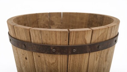 Old wooden seed planter with iron fittings isolated on white background for rustic agriculture and vintage decor concepts