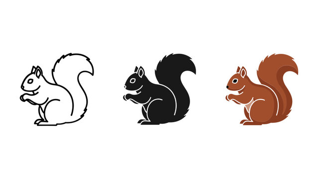 Three cartoon squirrels sitting line art black white orange illustration