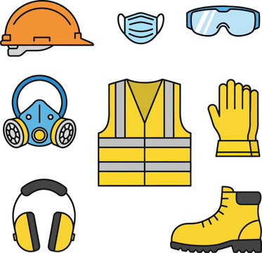 Set of construction and industrial safety equipment icons hard hat, mask, goggles, respirator, vest, gloves, earmuffs, and work boot